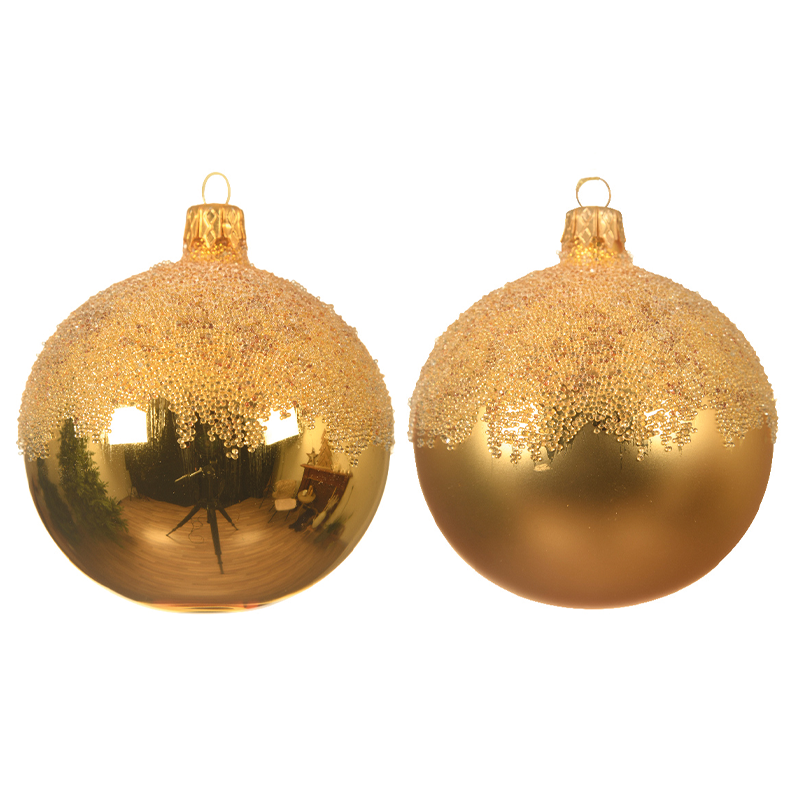 Pallina di Natale colorazione oro decorata la parte superiore con glitter Ø8 cm