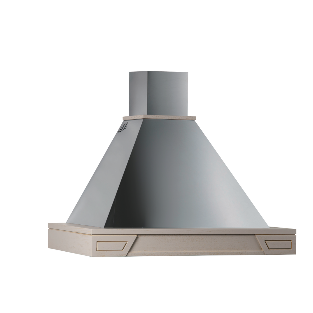 Cappa aspirante GINEVRA in acciaio inox silver e cornice in legno intarsio colore tortora cm 120