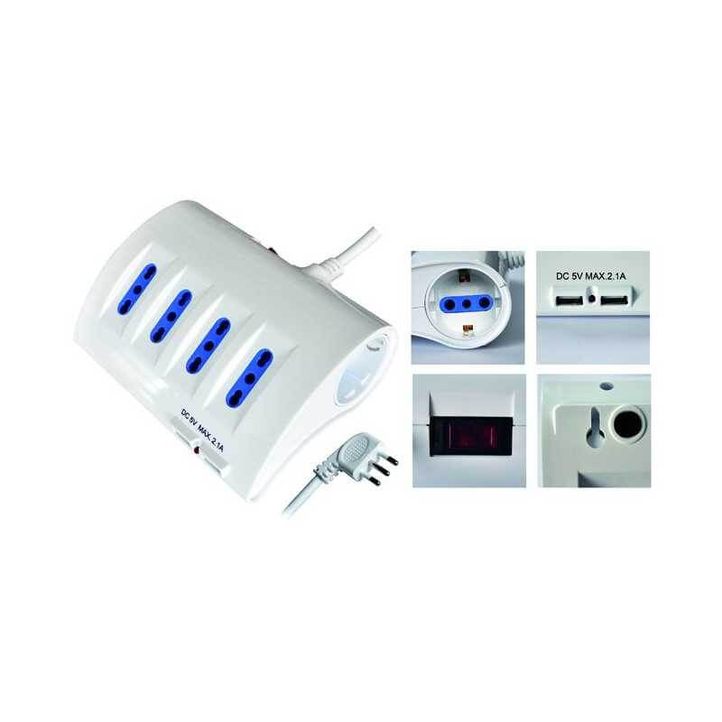 Multiprese con interruttore, 8 prese Schuko, bipasso e USB, spina 16A