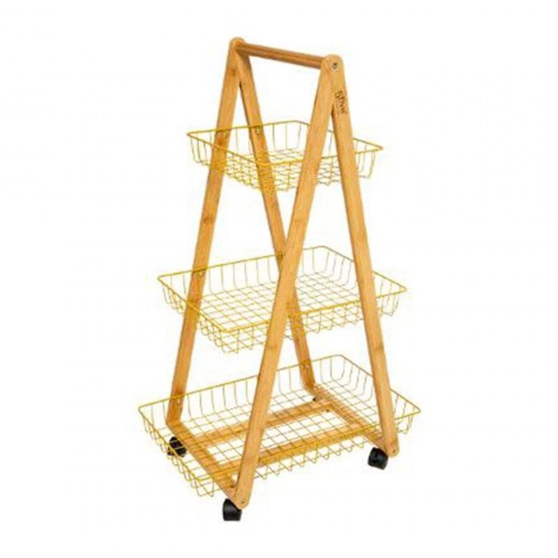 Carrello da cucina moderno in bamboo tre ripiani Mostarda con ruote 54,5x35,5x h88 cm