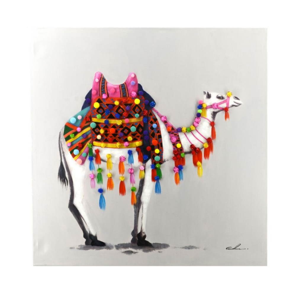 Quadro dipinto cammello 3D pompon 80x80x3,5 cm.