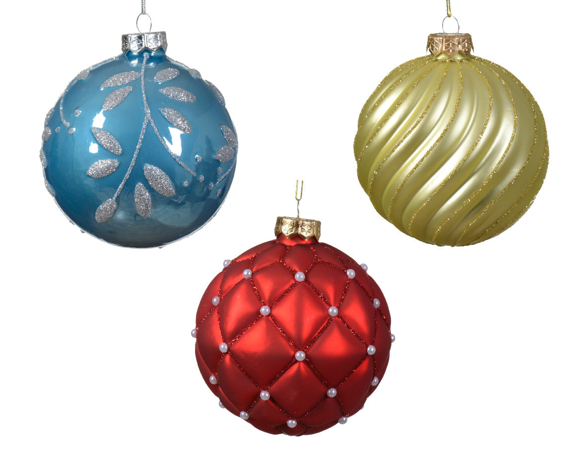 Pallina di Natale Vetro per decorazioni natalizie lucido-opaco con motivo a linee a foglia miste colore zucchero blu/colore  ø 10cm