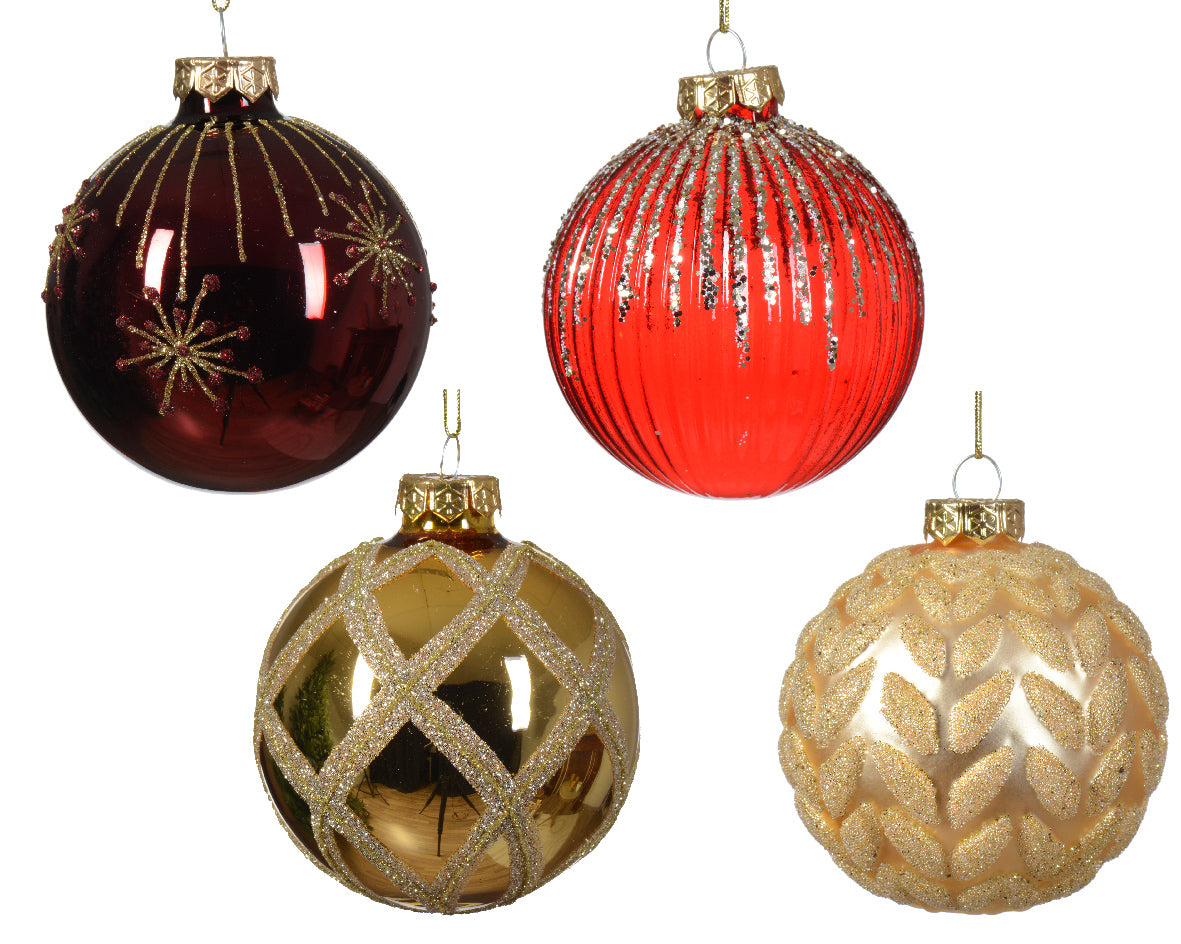 Pallina di Natale Vetro decorativo con effetto lucido-opaco-trasparente con motivi a fuoco d'artificio costine foglie e scacchi miscela colore rosso/oro ø 8cm