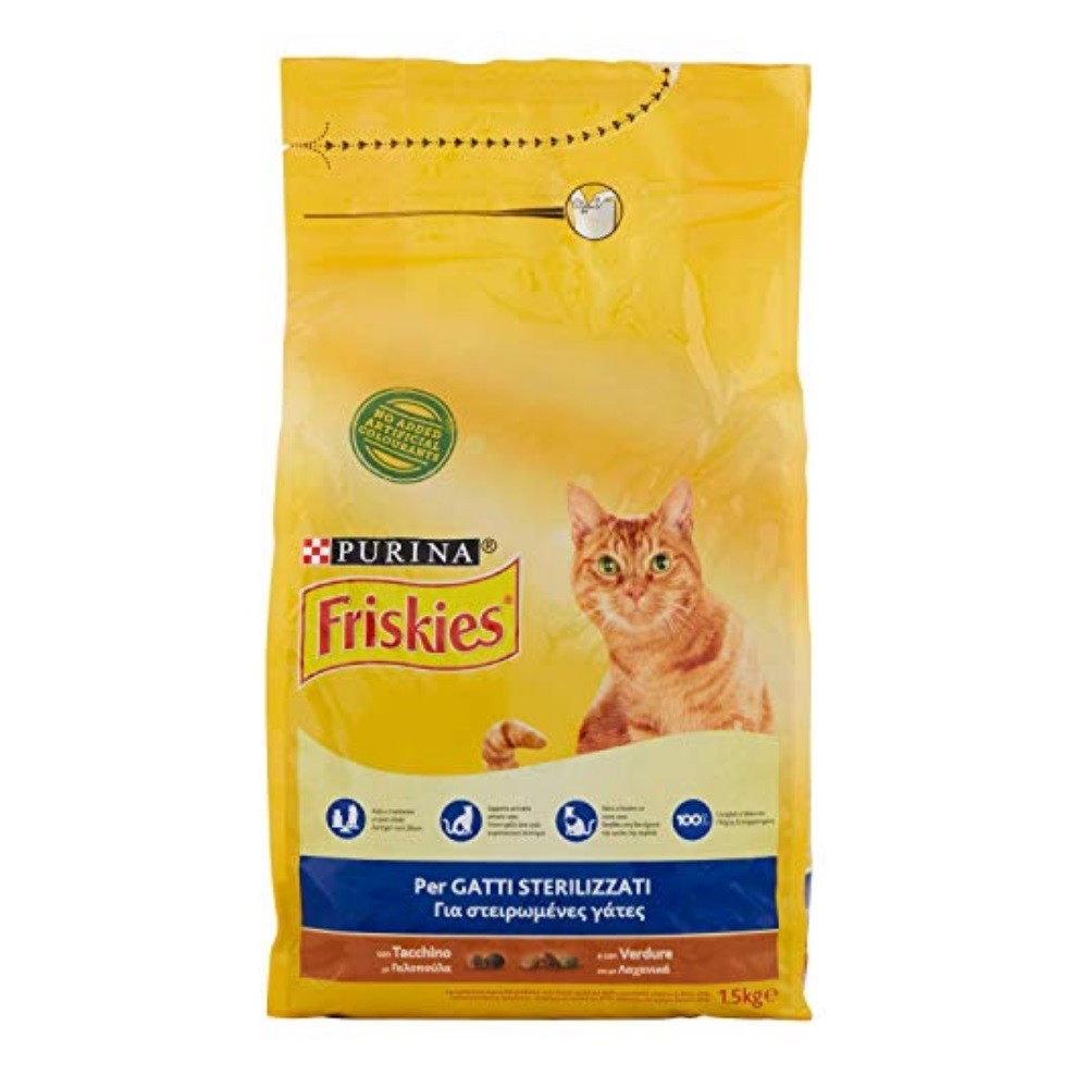 Friskies crocchette gatti sterilizzati con tacchino e verdure aggiunte Purina 1,5 chilogrammi