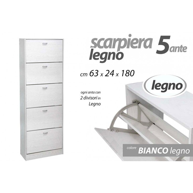 Scarpiera bianca doppia ribalta 5 ante cm 63 x 24 x 180 h