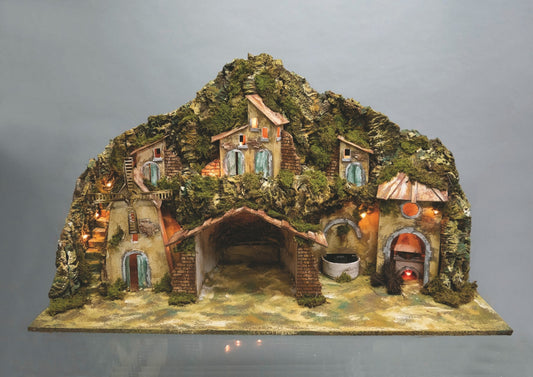 Paesaggio Per Presepe Cm.42X96X58H Con Fontana,Mulino,Fuoco,10Luci decorazione di Natale