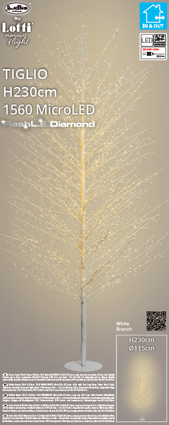 Albero Ramo TIGLIO Bianco H230cm 1560 MicroLED FlashLED 4m+ø115xH230cm Luci di Natale