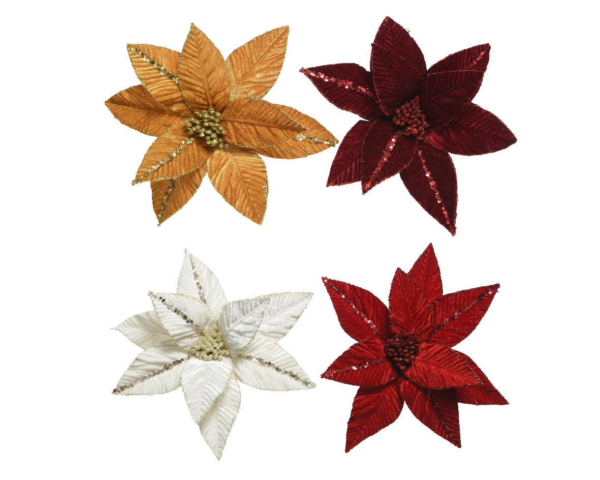 Poinsettia su clip in poliestere con spangole di velluto a 4 colori assortiti 5 x 32 cm