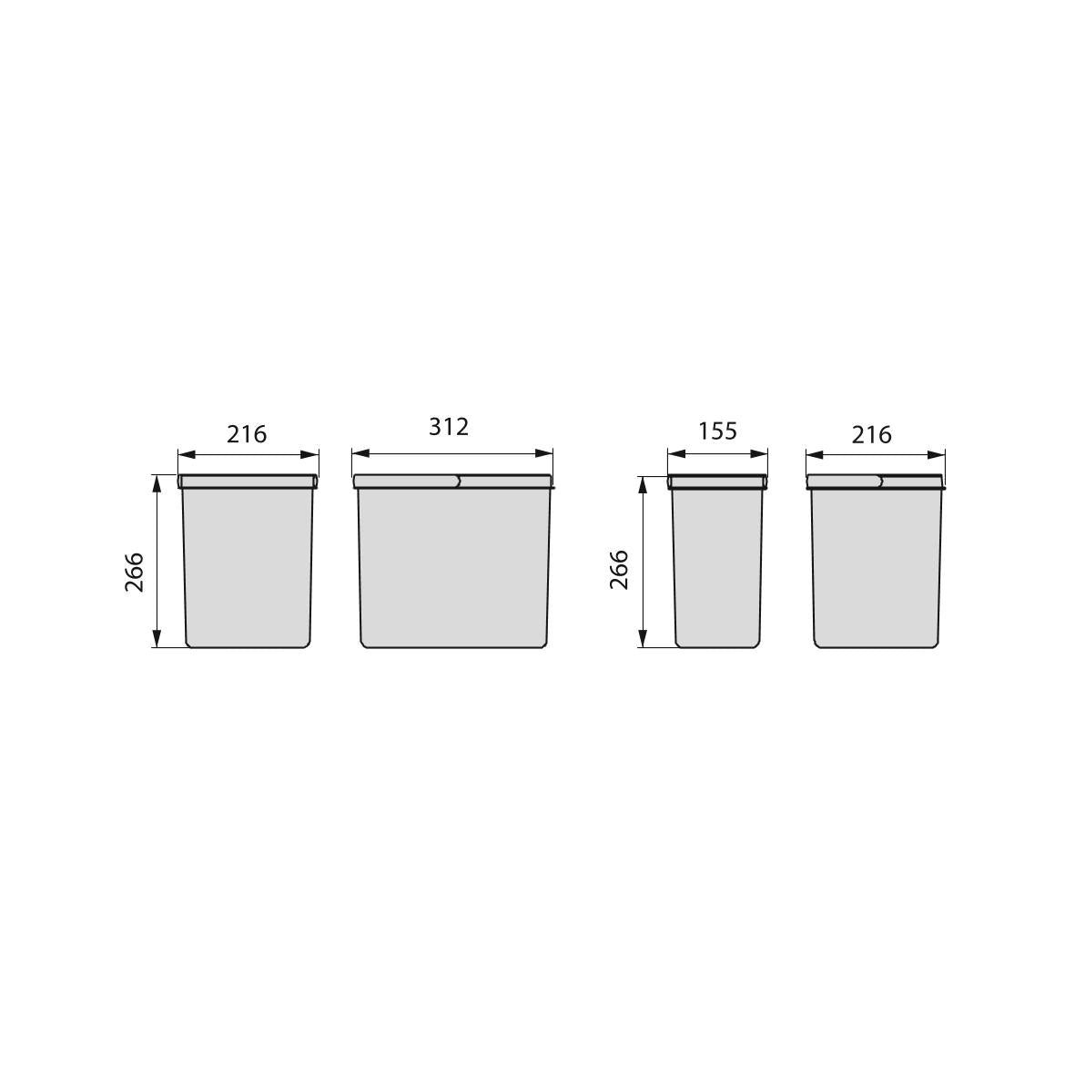 Pattumiera differenziata con 4 contenitori, altezza 26,6 cm.