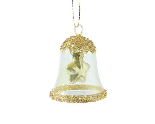 Campana di vetro trasparente con glitter d'oro e perline L 6.2 x P 6.2 x H 7.5 cm