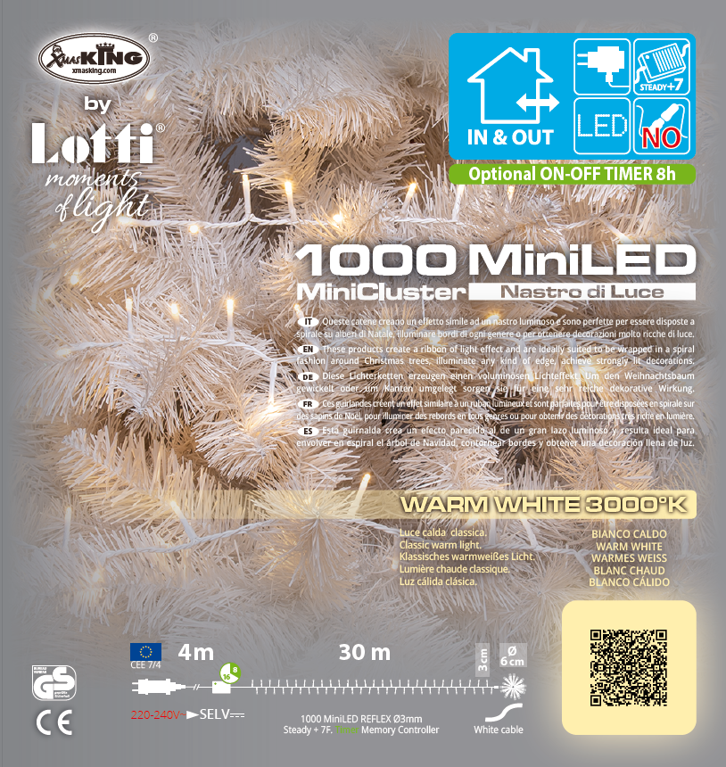 Catena Nastro ø6cm NTLG 1000 MiniLED cavo Bianco 4+30,5m Luci di Natale