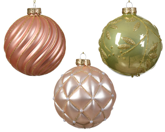 Pallina di Natale Vetro per decorazioni natalizie lucido-opaco con motivo a linee a foglia miste colore rosé frizzante/colore  ø 10cm