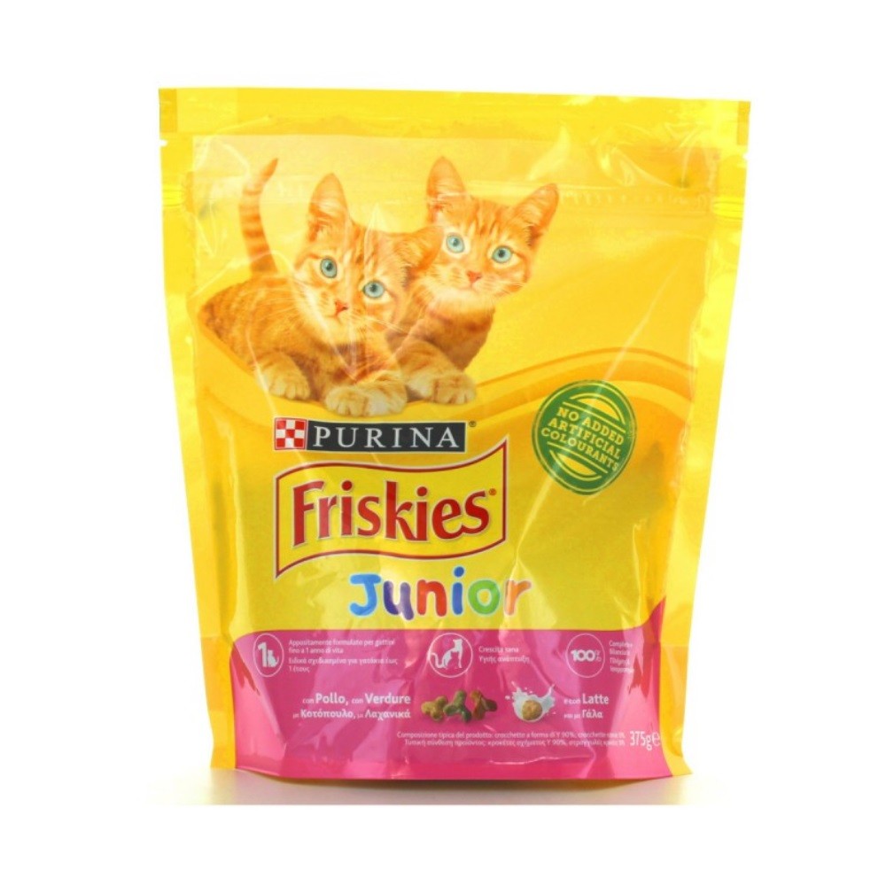 Friskies gatti junior crocchette pollo, verdure e latte Purina 375 grammi