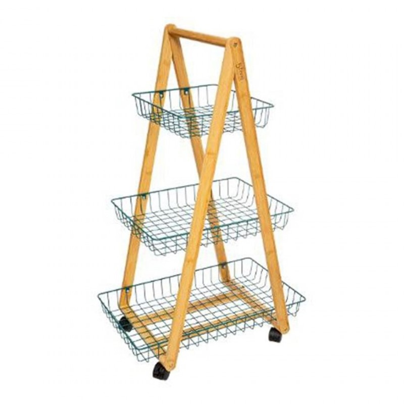 Carrello da cucina moderno in bamboo tre ripiani Petrolio con ruote 54,5x35,5x h88 cm