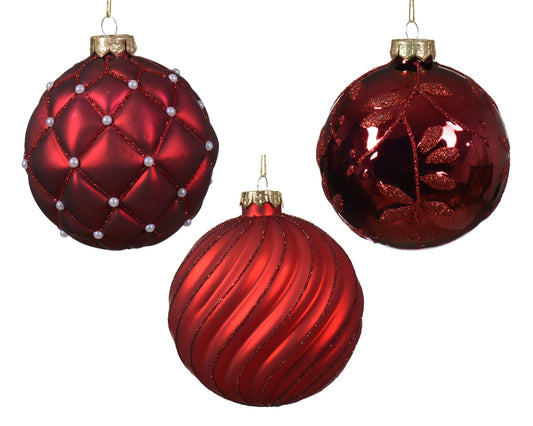 Pallina di Natale Globo di Vetro Lucido-Opaco con Linee a Scacchi e Foglia - Set da 3 - Colore Natale Rosso - ø 10cm