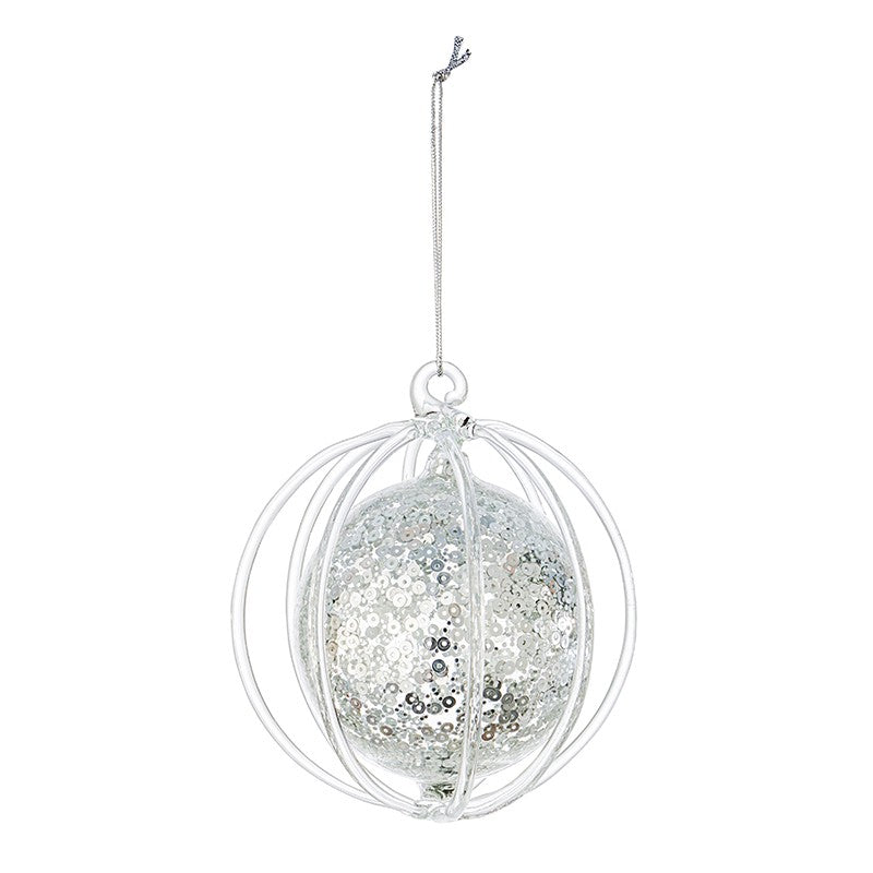 Sfera Pallina Natale Vetro Trasparente Paillettes Argento 9.2 cm