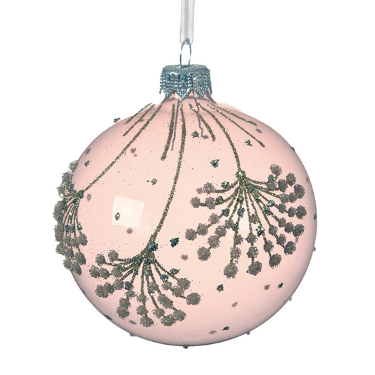 Pallina di Natale in Vetro Rosa con Fiori 8 cm