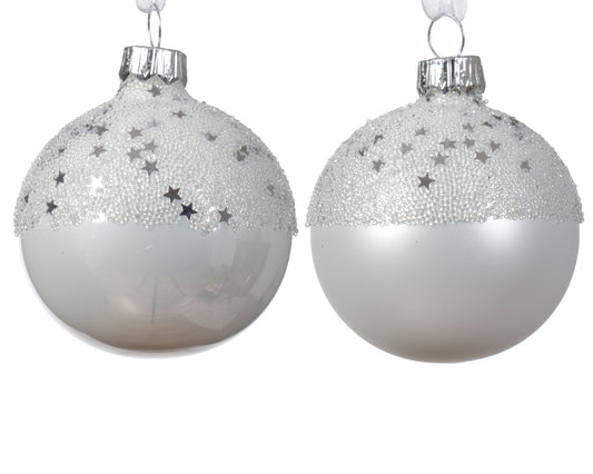 Pallina di Natale Vetro Opaco Smaltato con Stella in Cima - 2 Colori Assortiti - Bianco Invernale - ø 6cm