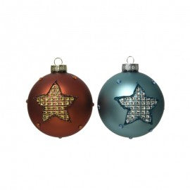 Pallina di Natale Sfera Vetro Ambra/Blu con Stella Glitterata 8 cm