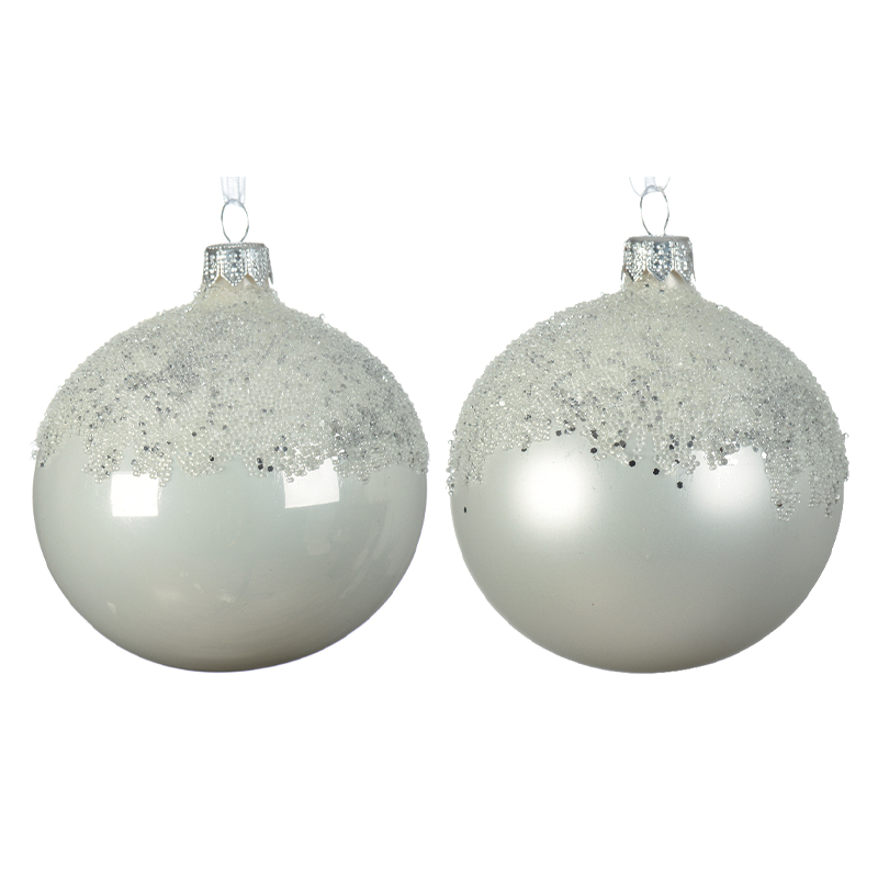 Pallina di Natale colorazione bianca decorata la parte superiore con glitter Ø8 cm